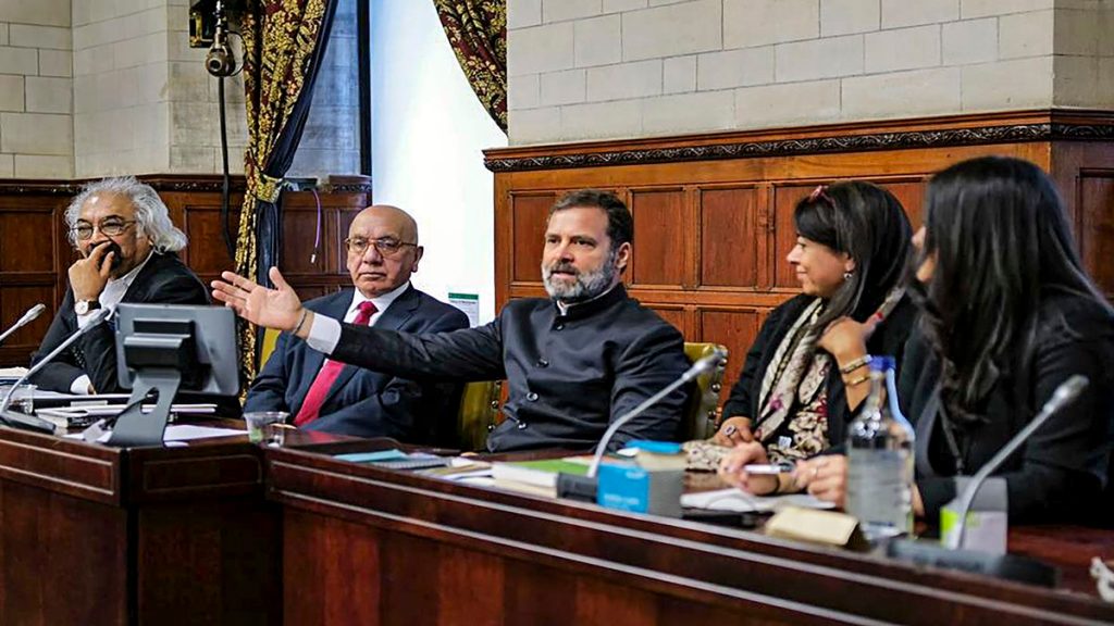 Congress leader Rahul Gandhi interacts with UKs Members of Parliament, academics, journalists, community leaders and leaders of the Indian Overseas Congress at the Grand Committee Room, UK Parliament, in London, Tuesday, March 7, 2023. (PTI Photo)