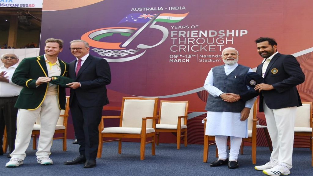 Prime Minister Narendra Modi and Australian Prime Minister Anthony Albanese with Indian captain Rohit Sharma and Australian captain Steve Smith before the start of the fourth test cricket match between India and Australia, at Narendra Modi stadium in Ahmedabad, Thursday, March 9, 2023. Gujarat Chief Minister Bhupendra Patel is also seen. (PTI Photo)