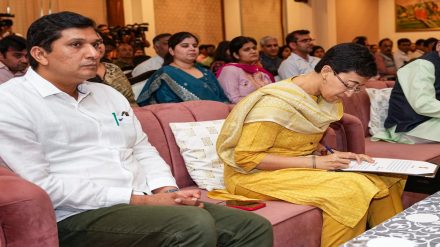 AAP MLAs Atishi Singh and Saurabh Bhardwaj during their oath-taking ceremony as Delhi Ministers, in New Delhi, Thursday, March 9, 2023. (PTI Photo/Kamal Singh)