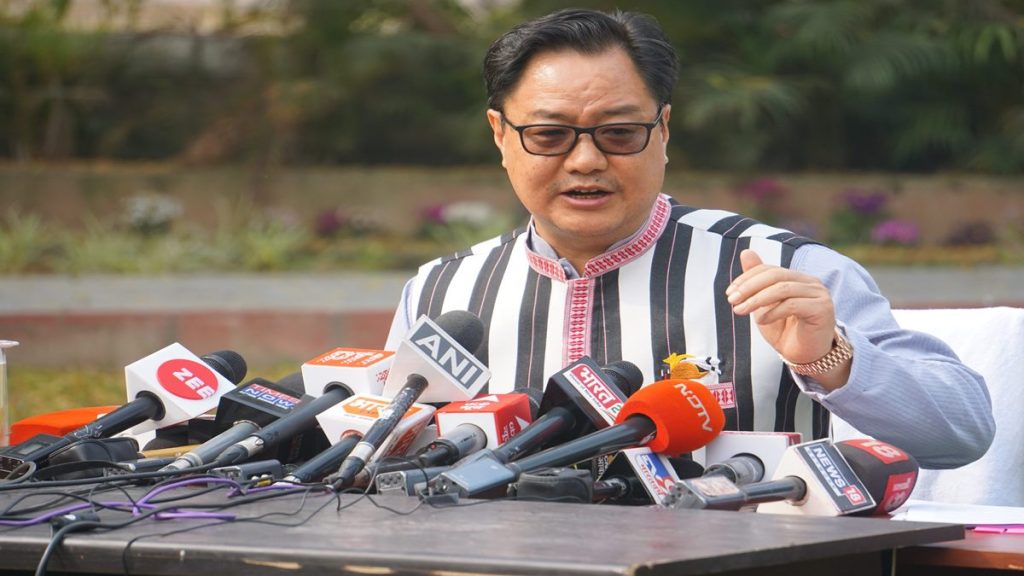 Union Minister Kiren Rijiju addresses a press conference at his residence in New Delhi, Thursday, March 16, 2023. (PTI Photo)