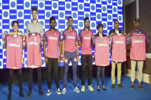 Jaipur: Rajasthan Royals head coach Kumar Sangakkara, team captain Sanju Samson and others during the launch of Rajasthan Royals jersey for IPL 2023, in Jaipur. (PTI Photo)