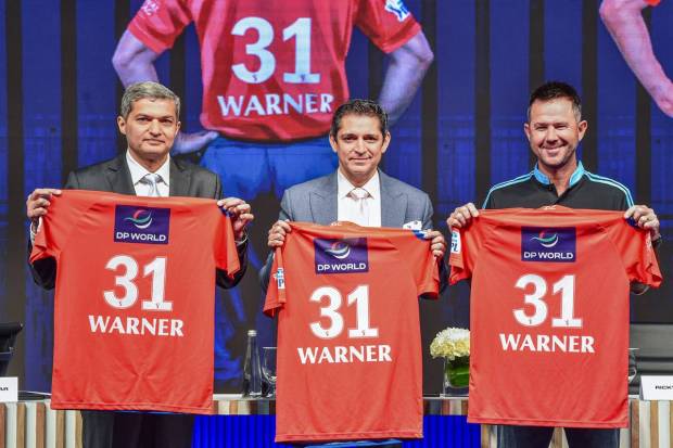 New Delhi: DP World Group's CEO and MD (India) Rizwan Soomar, Delhi Capitals CEO Dhiraj Malhotra and Delhi Capitals' head coach Ricky Ponting during a press conference to announce a partnership between Delhi Capitals and DP World Group ahead of IPL 2023, in New Delhi. (PTI Photo)