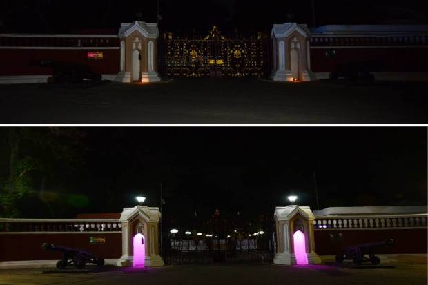 Lucknow: A combination of pictures shows the 'Raj Bhavan' during 'Earth Hour' and before the 'Earth Hour', in Lucknow. (PTI Photo)