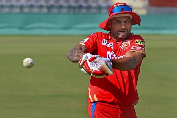 Mohali: Punjab Kings captain Shikhar Dhawan in action during a practice session ahead of the IPL 2023, at PCA stadium in Mohali. (PTI Photo)