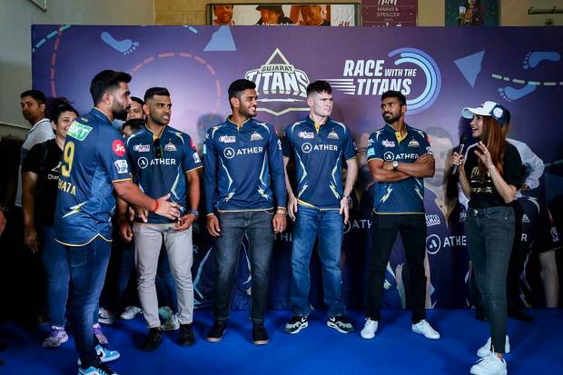 Ahmedabad: Gujarat Titans cricket players Rahul Tewatia, Shivam Mavi, Joshua Little, and others during a promotional event ahead of IPL, in Ahmedabad. (PTI Photo)