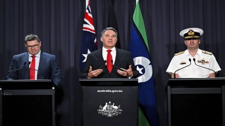 Australian Defense Industry Minister Pat Conroy, left, Australian Deputy Prime Minister Richard Marles and head of the Nuclear Powered Submarine Task Force Vice Adm. Jonathan Mead, right, speak to the media during a press conference at Parliament House in Canberra, Tuesday, March 14, 2023. (Photo source: AP) Australian Defense Industry Minister Pat Conroy, left, Australian Deputy Prime Minister Richard Marles and head of the Nuclear Powered Submarine Task Force Vice Adm. Jonathan Mead, right, speak to the media during a press conference at Parliament House in Canberra, Tuesday, March 14, 2023. (Photo source: AP)