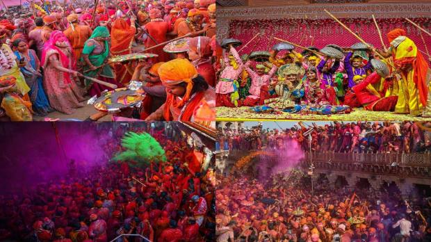 The Hindu festival of Lathmar Holi, which is celebrated in the towns of Nandgaon and Barsana in Uttar Pradesh, is known for its colourful and fun-filled celebrations. During the festivities, men from Nandgaon who are considered to be the sons-in-law of Barsana visit the neighbouring town and are greeted by the women with sticks and colours. The celebration is enacted in perfect good humour by both sides.