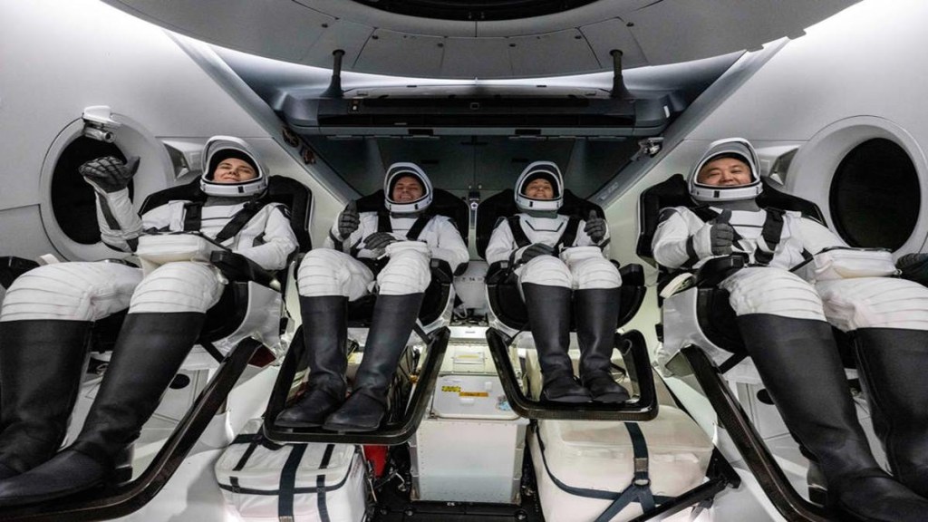 Roscosmos cosmonaut Anna Kikina, left, NASA astronauts Josh Cassada and Nicole Mann, and Japan Aerospace Exploration Agency (JAXA) astronaut Koichi Wakata, right, are seen inside the SpaceX Dragon Endurance spacecraft onboard the SpaceX recovery ship Shannon shortly after having landed in the Gulf of Mexico off the coast of Tampa, Florida, Saturday, March 11, 2023. Mann, Cassada, Wakata, and Kikina are returning after 157 days in space as part of Expedition 68 aboard the International Space Station. Photo Credit: (NASA/Keegan Barber).