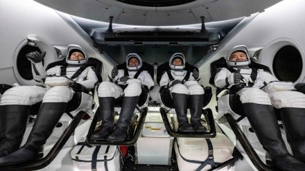 Roscosmos cosmonaut Anna Kikina, left, NASA astronauts Josh Cassada and Nicole Mann, and Japan Aerospace Exploration Agency (JAXA) astronaut Koichi Wakata, right, are seen inside the SpaceX Dragon Endurance spacecraft onboard the SpaceX recovery ship Shannon shortly after having landed in the Gulf of Mexico off the coast of Tampa, Florida, Saturday, March 11, 2023. Mann, Cassada, Wakata, and Kikina are returning after 157 days in space as part of Expedition 68 aboard the International Space Station. Photo Credit: (NASA/Keegan Barber).