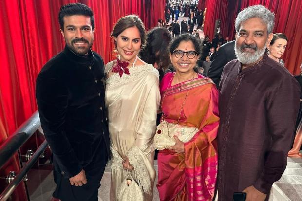"RRR" director SS Rajamouli represented the country at the global stage wearing a traditional dhoti with mauve-coloured silk kurta. 