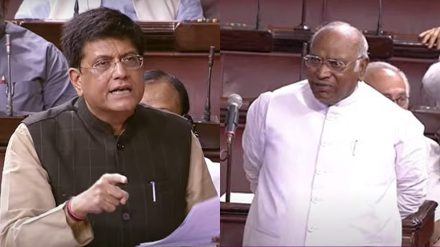 BJP leader and Rajya Sabha leader of House Piyush Goyal (L), Congress president and Leader of Opposition in Rajya Sabha Mallikarjun Kharge (R). 