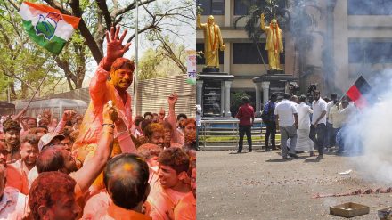 Congress candidate Ravindra Dhangekar with supporters celebrates his victory in the Kasba Peth Assembly bypoll (L), DMK party workers celebrate in Chennai (R). (PTI Photo)
