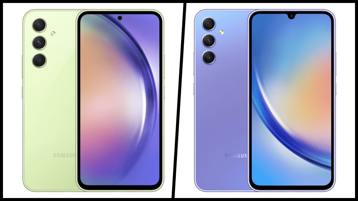 Samsung Galaxy A54 5G on left, Galaxy A34 5G on right.