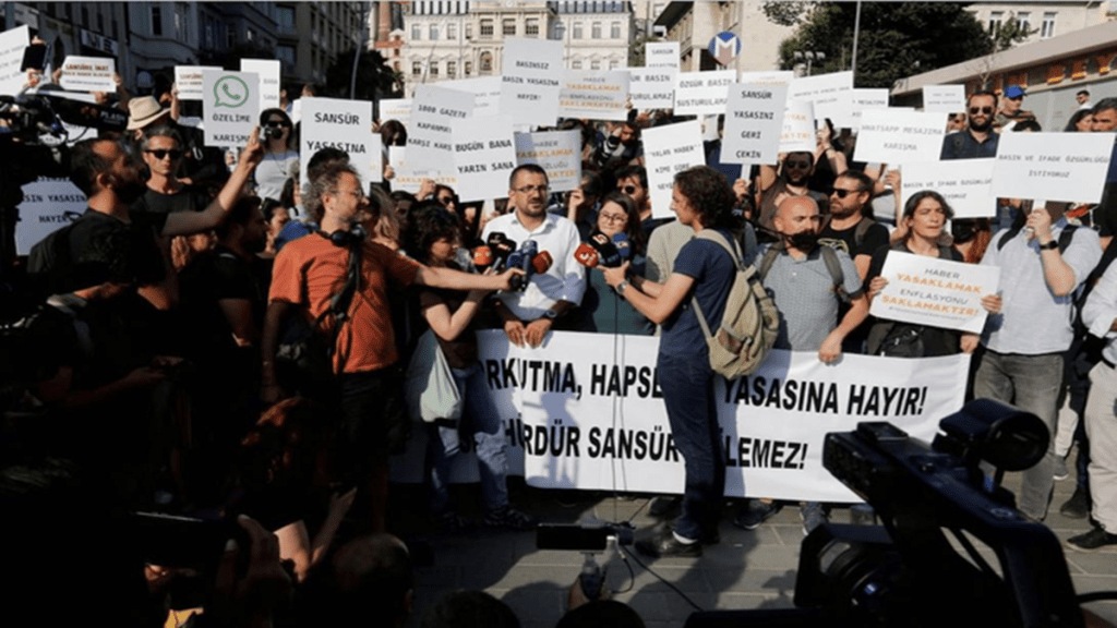 Representatives of various Turkish journalists’ associations, wearing black face masks, gathered outside parliament in Ankara and in Istanbul to protest the bill. (Reuters) Representatives of various Turkish journalists’ associations, wearing black face masks, gathered outside parliament in Ankara and in Istanbul to protest the bill. (Reuters)
