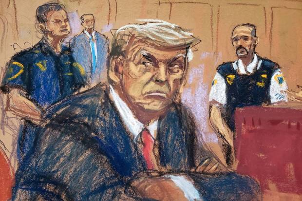 Former U.S. President Donald Trump appears in court for an arraignment on charges stemming from his indictment by a Manhattan grand jury following a probe into hush money paid to porn star Stormy Daniels, in New York City, U.S., in this courtroom sketch. REUTERS