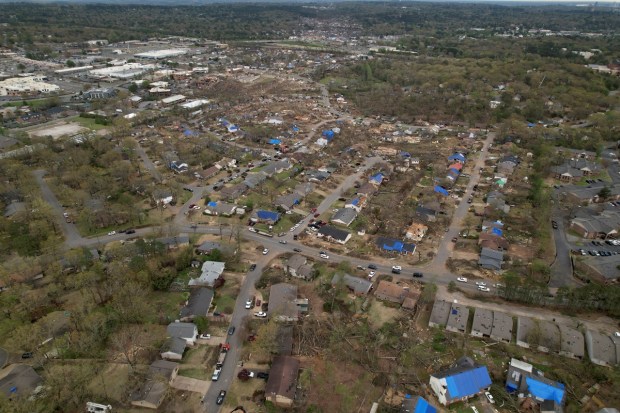 An aerial view of a tornado's path of destruction after a monster storm system tore through the South and Midwest, in Little Rock, Arkansas. (Reuters photo)