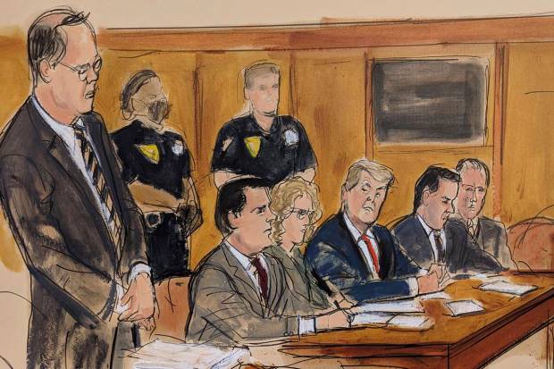 In this courtroom sketch, former President Donald Trump, seated center, watches as Assistant District Attorney Christopher Conroy, left, outlines the case against him during Trump's arraignment in court, in New York. Seated, from left, are: defense attorneys Todd Blanche and Susan Necheles, Trump, and defense attorney Joe Tacopina and Boris Epshteyn. AP/PTI