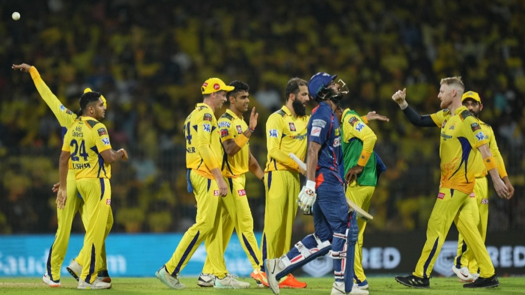 CSK vs LSG Highlights, IPL 2023 Match 6: Chennai Super Kings bowler Moeen Ali celebrates with teammates after the wicket of Lucknow Super Giants batter KL Rahul during the IPL 2023 cricket match between Chennai Super Kings and Lucknow Super Giants, at M. A. Chidambaram Stadium, in Chennai, Monday, April 3, 2023. (PTI Photo) CSK vs LSG Highlights, IPL 2023 Match 6: Chennai Super Kings bowler Moeen Ali celebrates with teammates after the wicket of Lucknow Super Giants batter KL Rahul during the IPL 2023 cricket match between Chennai Super Kings and Lucknow Super Giants, at M. A. Chidambaram Stadium, in Chennai, Monday, April 3, 2023. (PTI Photo)