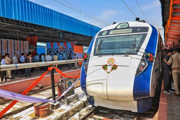 Jaipur: Vande Bharat Express train at Jaipur Junction railway station during its flagging off ceremony, in Jaipur, Wednesday, April 12, 2023. Prime Minister Narendra Modi virtually flagged off the train. (PTI Photo)