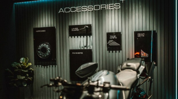 Accessories on display at the Ultraviolette Hangar.