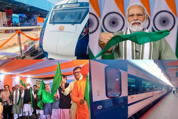 Prime Minister Narendra Modi on Wednesday flagged off the first train of the Vande Bharat Express in Rajasthan, through a video conference. The first Vande Bharat Express of Rajasthan will run between Delhi Cantt and Jaipur in Rajasthan on its inaugural day. The regular service for all passengers will begin on April 13 with three stoppages at Alwar, Jaipur, and Gurgaon. (PTI/Twitter)