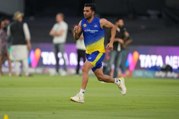 Deepak Chahar of Chennai Super Kings attends a practice session ahead of Indian Premier league 2023 final match against Gujarat Titans in Ahmedabad. (Image/AP)