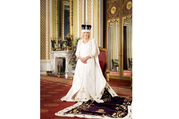 Britain's Queen Camilla is pictured in The Green Drawing Room of Buckingham Palace, London. The Queen is wearing Queen Mary's Crown and Robe of Estate.