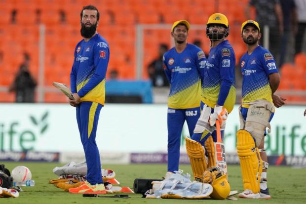 Moeen Ali, left, Ravindra Jadeja, Center, and Ajinkya Rahane of Chennai Super Kings attend a practice session. (Image/AP)