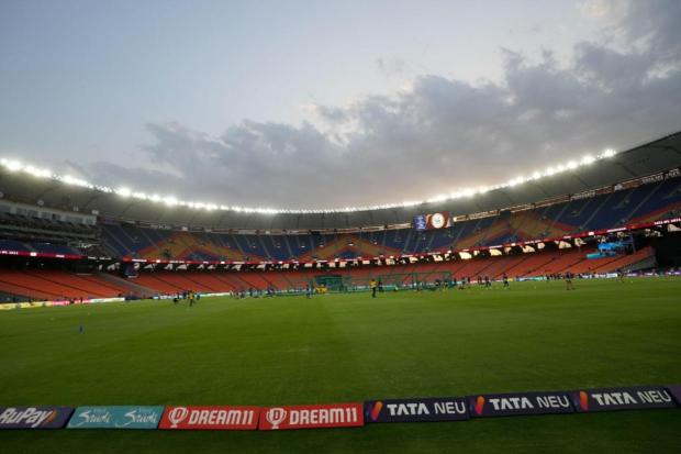Dark clouds loom over the Narendra Modi stadium on the eve of the Indian Premier league 2023 final match between Chennai Super Kings and Gujarat Titans. (Image/AP)