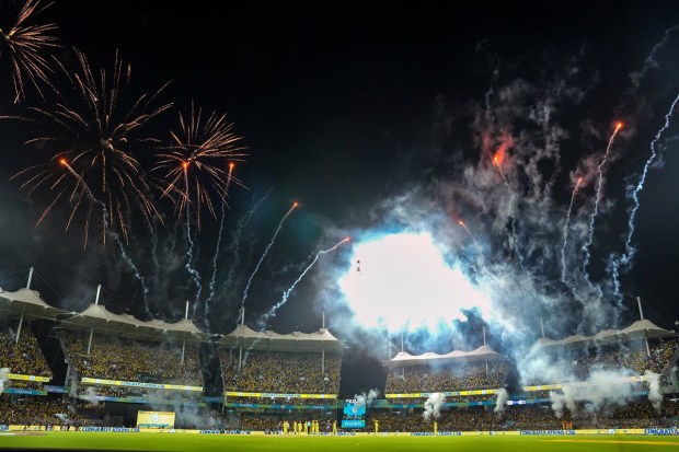 Firecrackers being lit after the IPL 2023 first qualifier cricket match between Chennai Super Kings and Gujarat Titans, at M. A. Chidambaram Stadium.(PTI Photo)