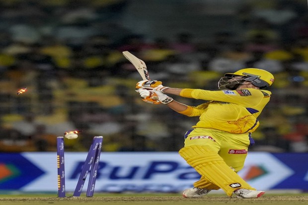 Chennai Super Kings batter Ravindra Jadeja being bowled out by Gujarat Titans bowler Mohammed Shami. (PTI Photo)