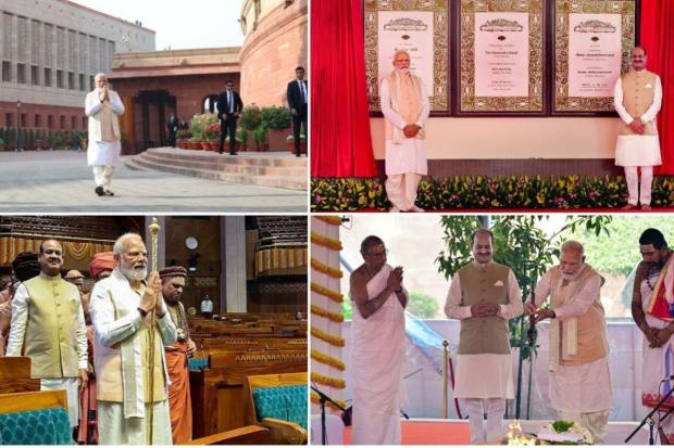 Prime Minister Narendra Modi dedicated the new Parliament building to the nation on Sunday, accompanied by the installation of the historic 'Sengol' in the new Parliament House. The ceremony included a puja and havan in the Parliament premises, floral tributes to Mahatma Gandhi, the placement of the 'Sengol' near the Speaker's chair in Lok Sabha, and a multi-faith prayer meeting attended by the Prime Minister, dignitaries, and religious leaders.Here are some photos from the occasion: