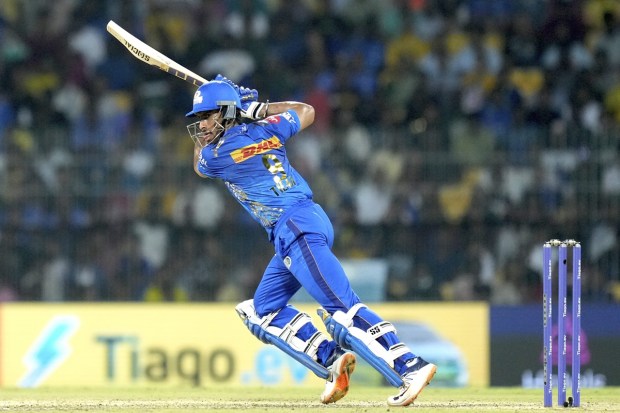 Mumbai Indians batter Tilak Varma plays a shot during the IPL 2023 Eliminator cricket match between Lucknow Super Giants and Mumbai Indians, at M. A. Chidambaram Stadium in Chennai, Wednesday. (PTI Photo)