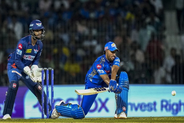 Mumbai Indians batter Tilak Varma plays a shot during the IPL 2023 Eliminator cricket match between Lucknow Super Giants and Mumbai Indians. (PTI Photo)