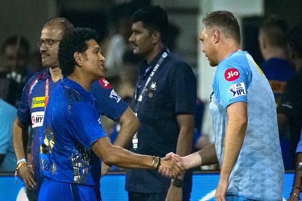 Mumbai Indians mentor Sachin Tendulkar after Mumbai Indians won the IPL 2023 Eliminator cricket match against Lucknow Super Giants. (PTI Photo)