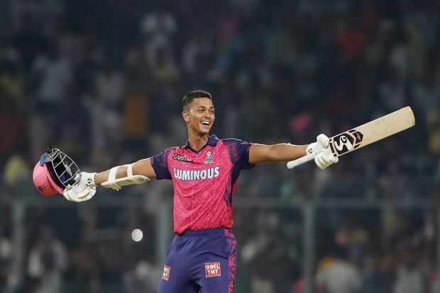 Rajasthan Royals batter Yashasvi Jaiswal celebrates after winning the IPL 2023 cricket match against Kolkata Knight Riders, at Eden Gardens in Kolkata on Thursday. Rajasthan Royals won the match by 9 wickets. (Photo: PTI)