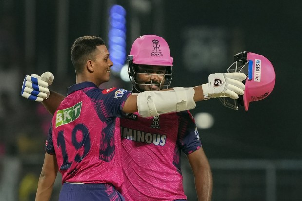 Rajasthan Royals batters Yashasvi Jaiswal and Sanju Samson celebrate after winning the IPL 2023 cricket match against Kolkata Knight Riders at Eden Gardens in Kolkata on Thursday. (Photo: PTI)