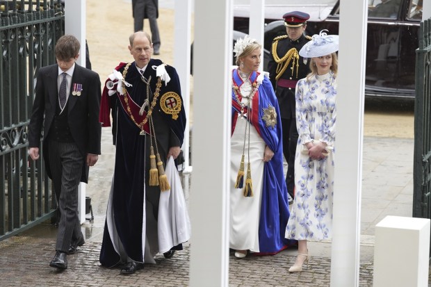 James, Viscount Severn, Prince Edward, Duke of Edinburgh, Sophie, Duchess of Edinburgh and Lady Louise Windsor, arrive for the Coronation of King Charles III, in London, Saturday. (Photo: AP)