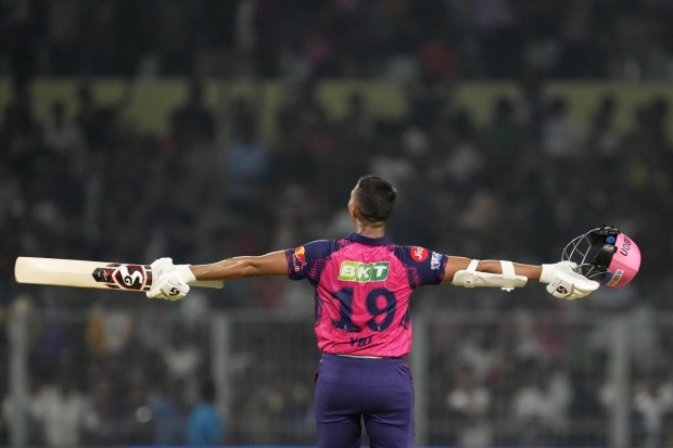 Rajasthan Royals' Yashasvi Jaiswal celebrates after their win in the Indian Premier League cricket match against Kolkata Knight Riders in Kolkata. (Photo: AP)