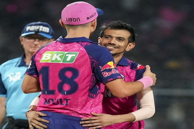 Rajasthan Royal bowler Yuzvendra Chahal celebrates with teammates the wicket of Kolkata Knight Riders batter Venkatesh Iyer during the IPL 2023 cricket match between Kolkata Knight Riders and Rajasthan Royals at Eden Gardens in Kolkata Thursday. (Photo: PTI)