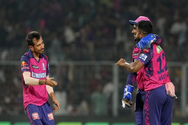 Rajasthan Royal bowler Yuzvendra Chaha celebrates after Kolkata Knight Riders batter Andre Russell got out during the IPL 2023 cricket match between Kolkata Knight Riders and Rajasthan Royals at Eden Gardens in Kolkata Thursday. (Photo: PTI)
