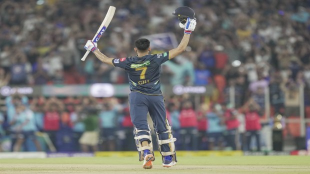 Shubman Gill celebrates his century during the IPL 2023 cricket playoff match between Gujarat Titans and Mumbai Indians at the Narendra Modi Stadium in Ahmedabad on Friday. (Photo: PTI)
