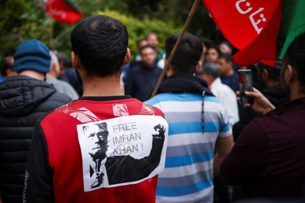 Supporters of Pakistan's former Prime Minister Imran Khan protest against his arrest in Pakistan, outside of the High Commission for Pakistan in London. (Reuters Photo)