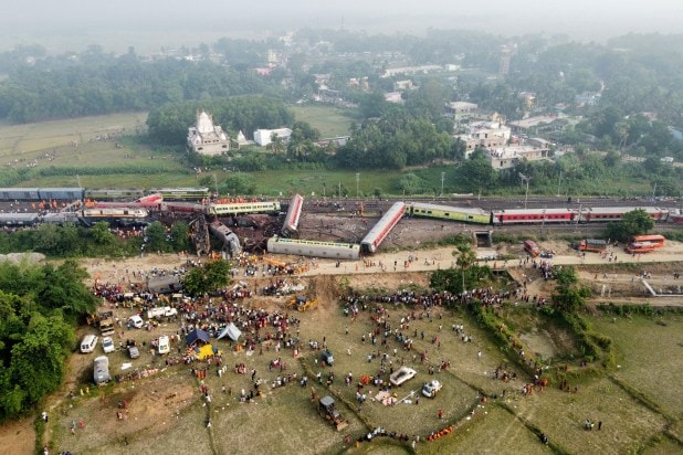 A drone view shows derailed coaches after two passenger trains collided in Balasore district.(Reuters photo)