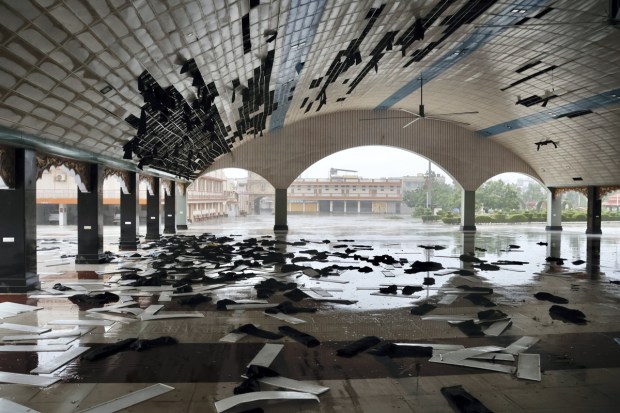 Kutch: Damaged hall in Swaminarayan Temple following the landfall of Cyclone Biparjoy, in Kutch district, Friday, June 16, 2023. Cyclone Biparjoy, a very severe cyclonic storm, made landfall near Jakhau Port in Gujarat on Thursday evening with a wind speed of 115-125 kmph gusting to 140 kmph as heavy rains lashed the coastal region. (PTI Photo)