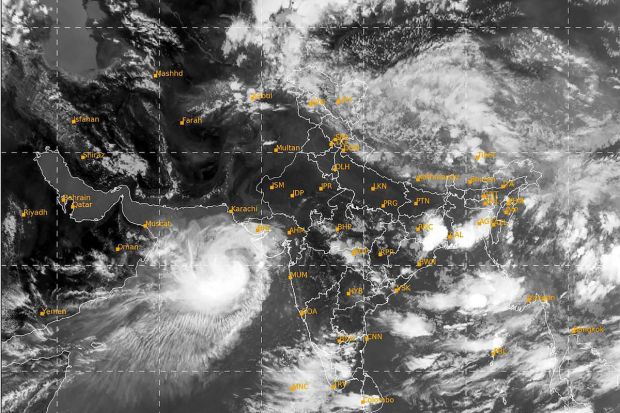 Satellite image showing the location of Cyclone Biparjoy in the Arabian Sea on Monday. Meanwhile, IMD said that the cyclone may cause extensive damage and Gujarat's Kutch, Devbhumi Dwarka, Jamnagar districts are likely to be most impacted. (PTI Photo)