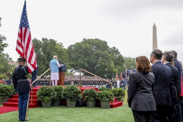 PM Narendra Modi addressed the people during the State Arrival Ceremony on the South Lawn of the White House on Thursday.(Photo Credits: PTI)