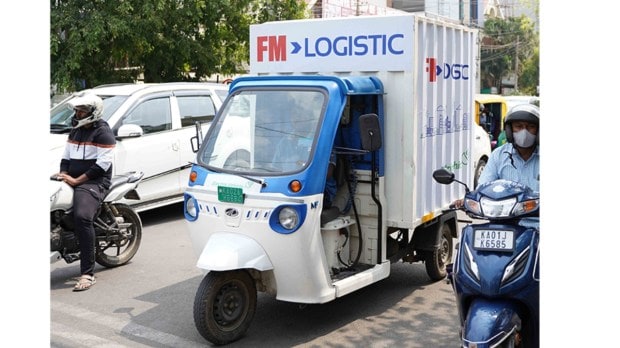 An electric three-wheeler used for last-mile deliveries.