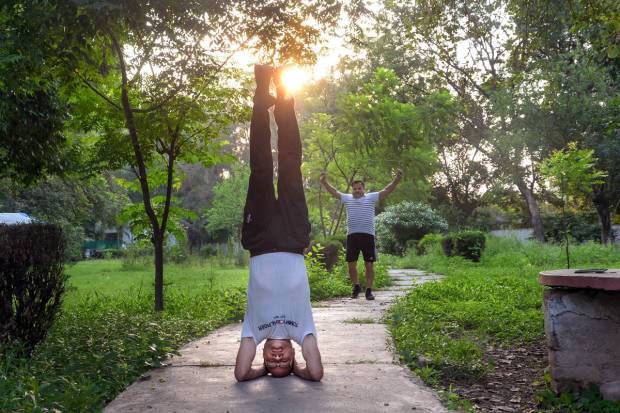 Jalandhar: People perform yoga, on the eve of the International Day of Yoga, at a park in Jalandhar. (PTI Photo)