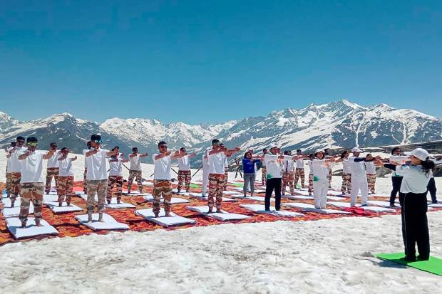 Lahaul & Spiti: ITBP personnel perform yoga on the International Day of Yoga, at Koksar in Lahaul & Spiti district. (PTI Photo)